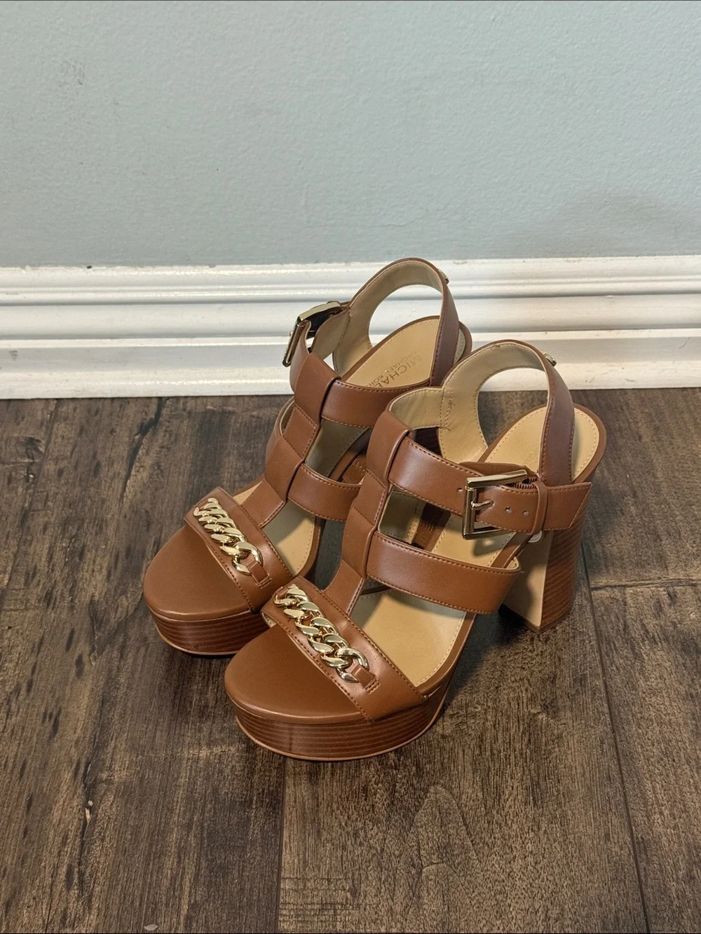 Michael Kors Brown Platform Block Heel Sandals with Gold Chain